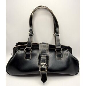 Vintage Y2K Black Vegan Leather Bucket Shoulder Bag Purse Goth Grunge 2 Straps
